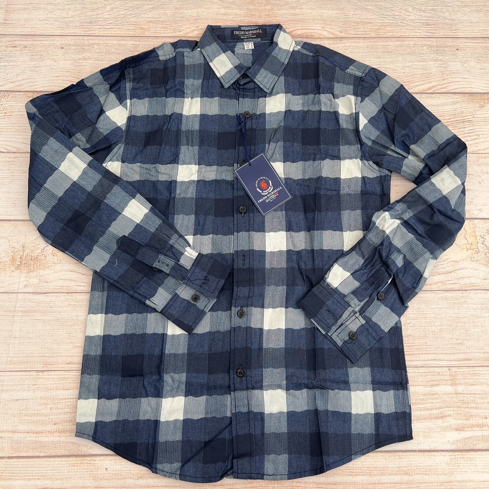 Fredd Marshall Mens Long Sleeve Shirt Blue plaid button down Size S